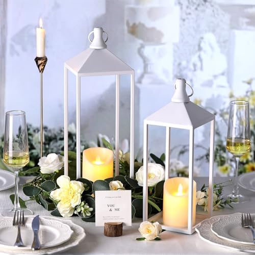 White Decorative Lantern Decor 17" 13" Set of 2 Wedding Lantern with Candle - Image 5
