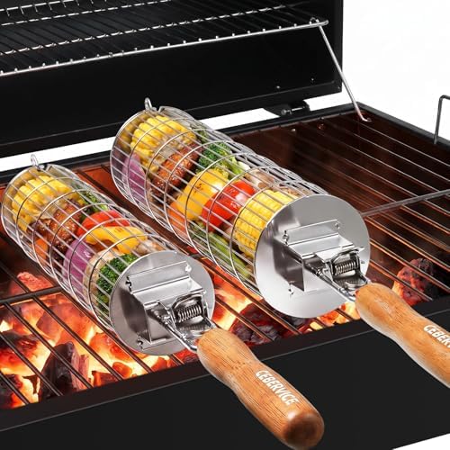 Rolling Grill Basket, SUS304 Stainless Steel, Removable Wooden Handle, Round Cylinder BBQ Grilling Basket, Outdoor Cooking Griller, Smoker Accessories for Vegetable, Gifts for Men Dad by CEBERVICE