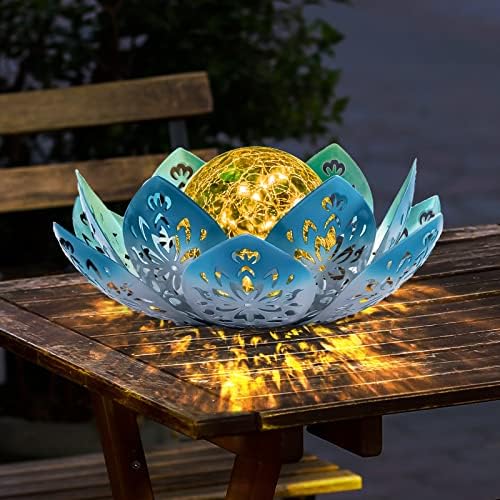 Huaxu Solar Lights Outdoor Decorative - Bright Blue Lotus Flower Table Lamp, Glass Globe 30 LED Waterproof Metal Decorations Gifts for Mom Women Garden Patio Pathway Yard Balcony Outside Decor by Huaxu