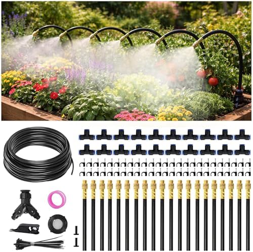 66FT Drip Irrigation System Kit Dual-Zone Garden Atomizing Watering System with 20 Copper 360° Adjustable Bendable Nozzles, Y-Splitter, Leak-Proof 1/4" Misting System for Garden Greenhouse Raised Beds by WelcometoSpalolen