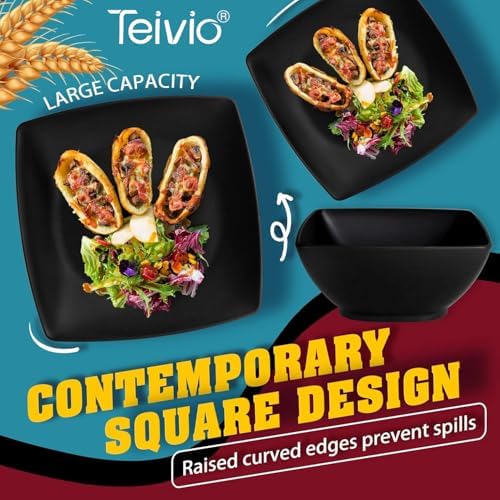 Teivio 32-piece Plastic Wheat Straw Square Dinnerware Set for 8, Unbreakable Dinner Plates, Salad Plates, Snack Bowls, Tumblers, Dishwasher Safe, Outdoor Kitchen Dinning RV Essentials Dish, Black - Image 5
