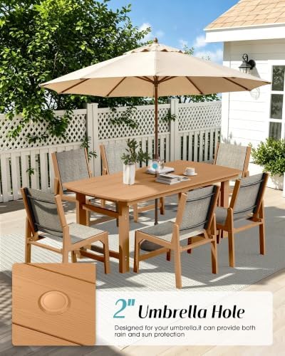 Ciokea HDPE Outdoor Dining Set, Patio Table and 6 Stackable Chairs, Teak - Image 4