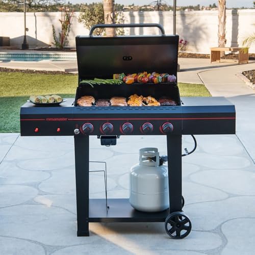 Megamaster Cart 5 Burner Gas Grill, Side Tables with Accessory Hooks, Black - Image 6