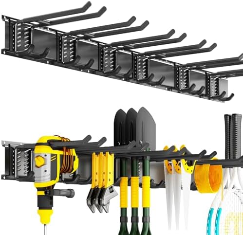 Garage Tool Organizer Wall Mount, 48 Inch Heavy Duty Garden Tool Organizer Storage System, Easy Install with 6 Adjustable Bilayer Hooks, for Garage, Basement, Shed, Workshop, Black, Steel by CRXCRC
