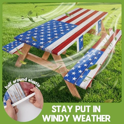 Picnic Table Cover with Bench Covers Waterproof Rectangle Tablecloth Camping Essentials Supplies Rv Travel Gear Must Haves Accessories Fitted Table Cloth Outdoor Road Trip Camper Gifts American Flag - Image 3