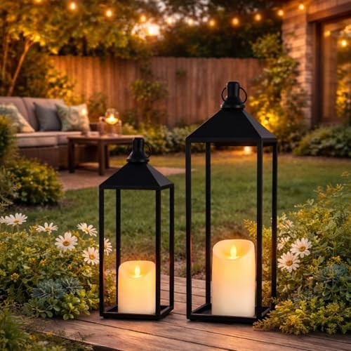Lanterns Decorative Outdoor Indoor, 17" 13" Set of 2 Black Candle Lanterns - Image 4