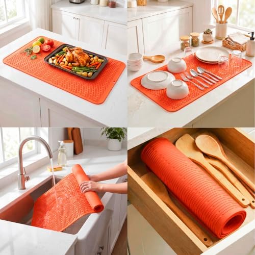 MicoYang Silicone Dish Drying Mat for Multiple Usage,Easy clean,Eco-friendly,Heat-resistant Silicone Mat for Kitchen Counter or Sink,Refrigerator or Drawer Liner Orange 5XL 36inches x 18inches - Image 4
