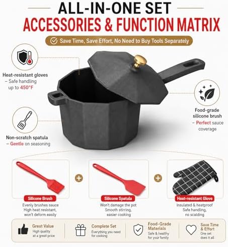 Cast Iron Sauce Pan with Lid, Small Cast Iron Basting Pot with Silicone Basting Brush, Spatula & Heat-Resistant Gloves, Mini Butter Melting Pot for BBQ Sauce, Braising, Stir-Fry & Casserole - Image 5