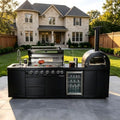 109'' LPG Outdoor Kitchen Island with Grill, Pizza Oven, 6 Burners, Black by Unknown