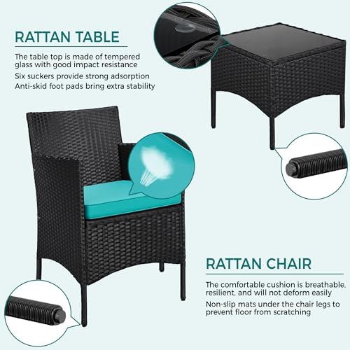 Yaheetech 3 Pieces Patio Conversation Set, Chairs & Side Table, Black/Cyan - Image 4