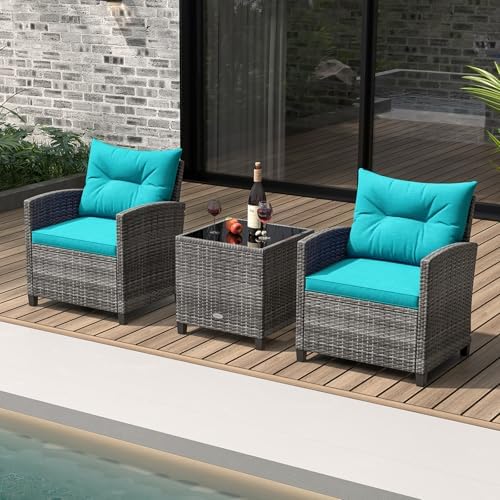 KOTEK 3 Piece Patio Furniture Set, Outdoor PE Rattan Conversation Set with Washable Cushions & Tempered Glass Tabletop, Wicker Chairs and Table Set for Porch, Garden, Balcony (Turquoise) - Image 2