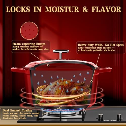 DUTZUN Enameled Cast Iron Dutch Oven - 5 Quart, Crab Lid (Patented), Oversized Knob, for Bread Baking Braiser, Cooking Stock Pot - Red - Image 5
