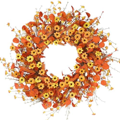 Sggvecsy Fall Wreath 24'' Autumn Harvest Daisy Wreath with Orange Eucalyptus Foam Leaves Grain Daisies Berries for Outside Indoor Home Wall Festival Thanksgiving Decor by Sggvecsy