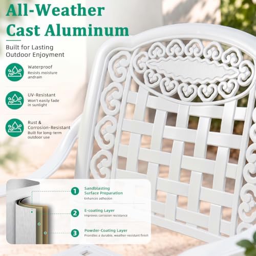 VIVIJASON 5-Piece Patio Furniture Dining Set, All-Weather Cast Aluminum Outdoor Conversation Set, Include 4 Chairs and 1 Round Table w/Umbrella Hole for Balcony, Lawn, Garden, Backyard, White - Image 4