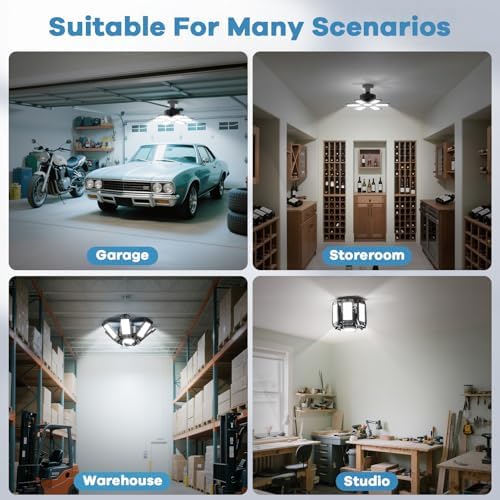 4 Pack Garage Light - 180W 18000 LM 6500K Deformable Garage Lights Ceiling LED with 6+1 Adjustable Panels, Shop Lights E26/E27 Screw Socket for workshops, Parking, Basement, Storage Room - Image 7