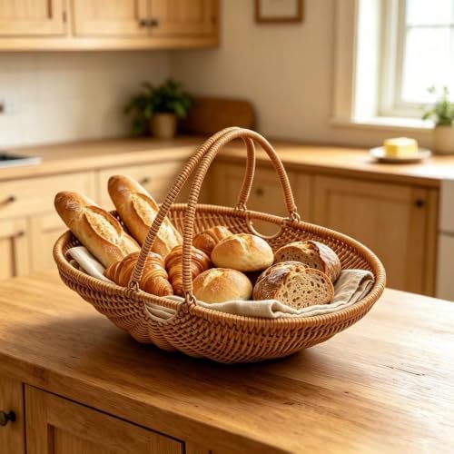 RT&BS Wicker Egg-collecting Basket with Handles, Wicker Bread Basket Oval, Handwoven Fruit Basket with Handles, Reusable Storage Baskets for Living Room, Kitchen, Store, Restaurant, Outdoor (Brown, L) - Image 4