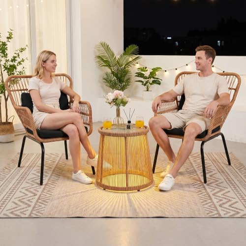 3 Piece Outdoor Wicker Furniture Bistro Set, Rattan Chairs Conversation Sets with Solar Light, Wicker Patio Furniture for Balcony Poolside Backyard, Black by HOMEZILLIONS
