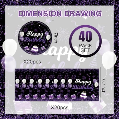 40Pcs Purple Glitter Black Happy Birthday Decorations Black and Purple Plates and Napkins Elegant Purple Black Birthday Supplies for Women Adult Milestone Birthday Party,Suitable for 20 Guests - Image 2