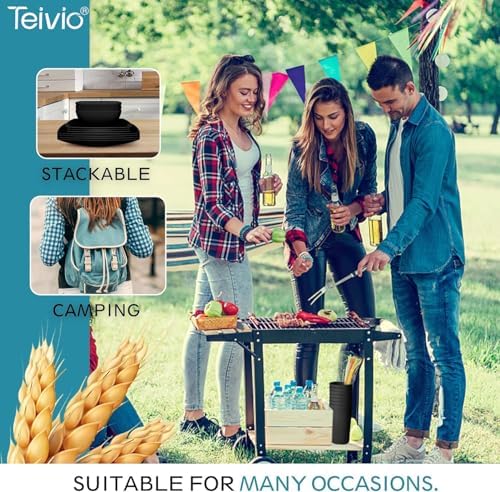 Teivio 32-piece Plastic Wheat Straw Square Dinnerware Set for 8, Unbreakable Dinner Plates, Salad Plates, Snack Bowls, Tumblers, Dishwasher Safe, Outdoor Kitchen Dinning RV Essentials Dish, Black - Image 7