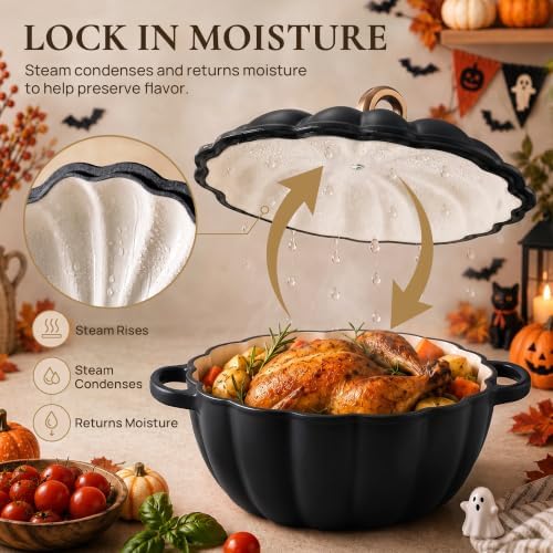 Overmont Pumpkin Enameled Cast Iron Dutch Oven with Lid,4.5 QT,Black - Image 3