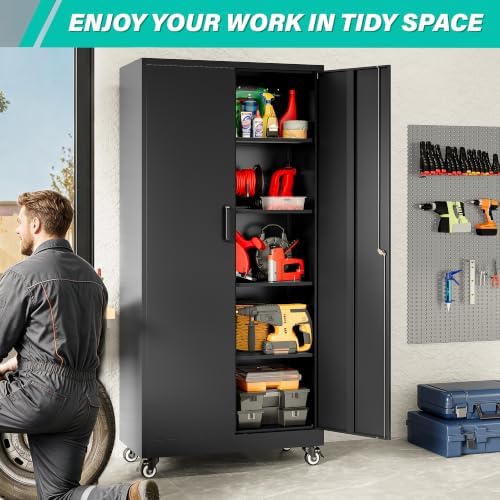 SISESOL 75" Tall Metal Storage Cabinet with Wheels and Shelves (Black) - Image 4