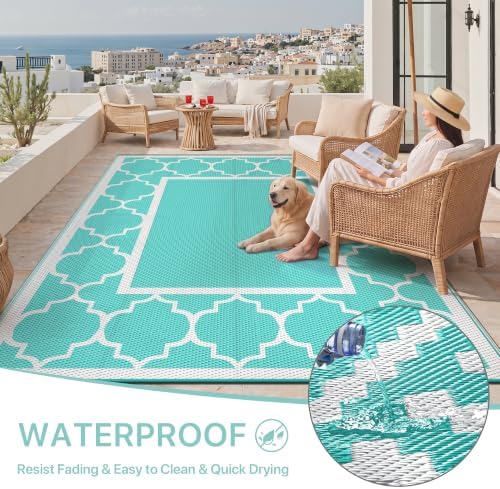 GENIMO Outdoor Rug, Waterproof Plastic Rugs for Patio, 9'x12' Aqua Blue - Image 6