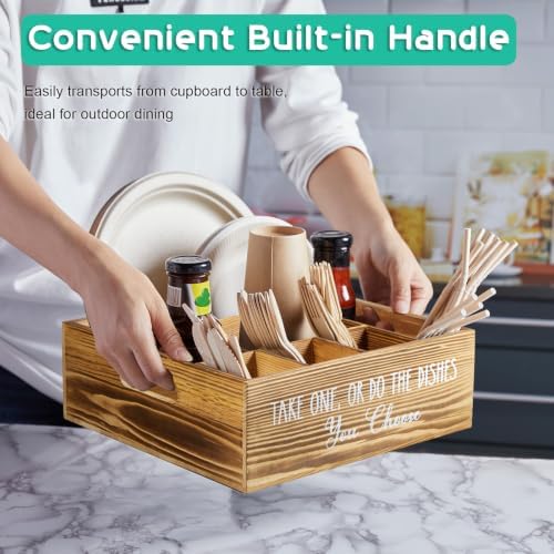 ALELION Rustic Plate and Utensil Caddy, 6-Compartment Paper Plate and Cutlery Holder with Handles, Kitchen and Party Organizer for BBQs, Picnics, and Gatherings, Brown - Image 3