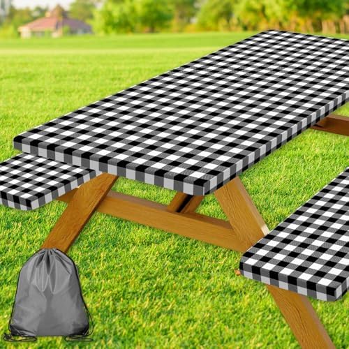Picnic Table Cover with Bench Covers, Black and White Checkered Waterproof and Windproof, Fitted Tablecloth Cover with Elastic Edge, for Outdoor, Garden, Camping, 3 Pieces Set, 30x60 Inch by Xguatan