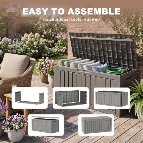 110 Gallon Deck Box, Lockable Waterproof Resin Outdoor Storage Box, Weatherproof Container for Garden Tools, Indoor Cushions & Outside Accessories (Grey) - Image 6