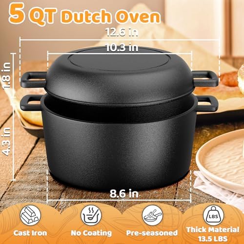 5 QT Pre-Seasoned Cast Iron Dutch Oven for Bread Baking - Image 2