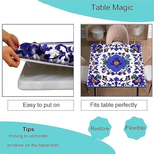 Outdoor Tablecloths with Elastic, Mexican Talavera Pattern Printed on Oilproof Square Elastic Table Cover, Use for Kitchen Balcony Cafe Dining, Fit for 54" x 54" Square Tables - Image 3