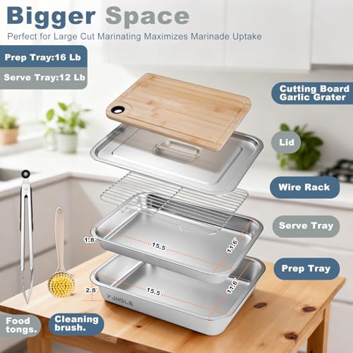 Grilling Prep and Serve Trays,Stainless Steel Large Capacity Food Prep Trays with Lid, Cutting Board Cooling Rack Food Tongs and Cleaning Brush,BBQ Accessories Gift - Image 2