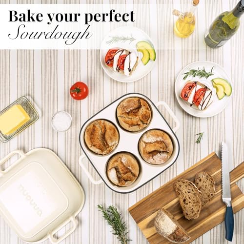 QuadPro Enamelled Cast Iron Bread Loaf Pot – Dutch Oven for Sourdough Bread Baking – 500°F Oven Safe Non Stick Bread Pot – 4 Round Loaf Spaces (4.90-inch Diameter), Cream – by Nuovva - Image 2