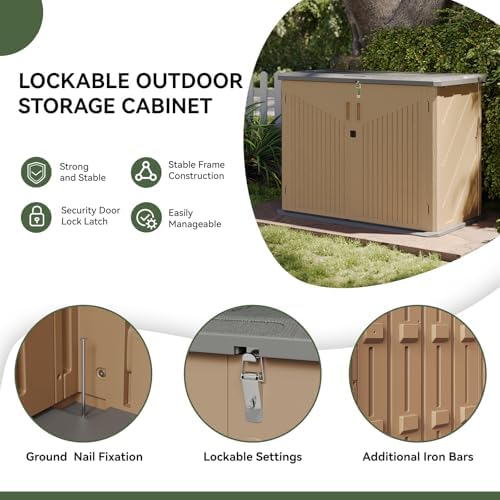 Aoxun Outdoor Storage Cabinet with 2 Shelves, 35 Cu Ft Waterproof Portable Horizontal Resin Shed Outdoor Storage for Garbage Bin, Generators & Yard Gear, and Lawn Mower (Brown) - Image 5