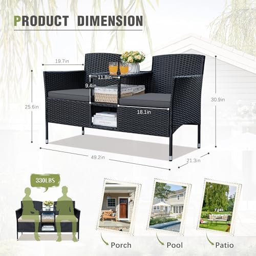 Greesum Patio Loveseat Outdoor Wicker Furniture Conversation Set,Gray - Image 7