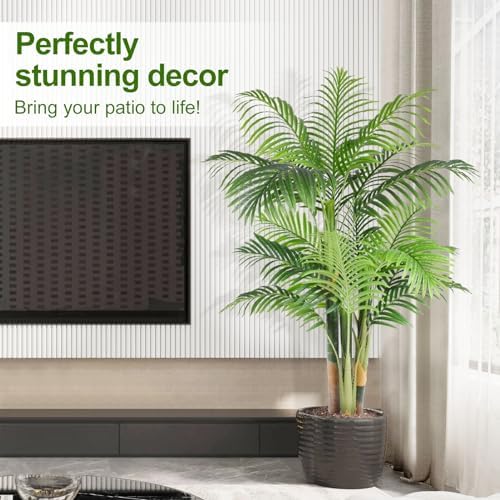 5ft Tall Triple Golden Cane Palm Artificial Tree Large Tropical Palm Tree UV Resistant Fake Plant in Pot for Indoor Outdoor Big House Living Room Outside Patio Office Home Decor 1Pack - Image 5