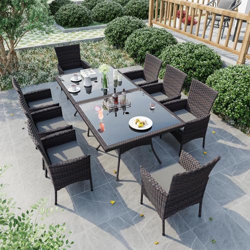 Gotland 10 Piece Outdoor Dining Set, All-Weather Rattan Patio Furniture Set with Umbrella Hole Tempered Glass Square Table, Outdoor Table and Chairs with Removable Cushions for Backyard Deck Grey by Gotland