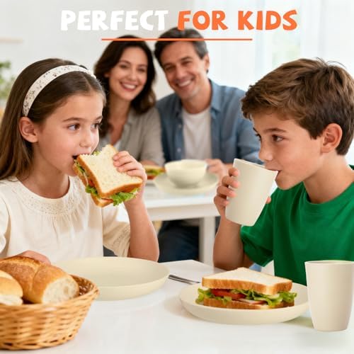 Kitchen Wheat Straw Dinnerware Sets for 4, Unbreakable Kids Dish Set 20 PCS - Dinner Plate/Cereal Bowl/Cup/Fork/Spoon, for Outdoor Camping, RV, Apartment Essentials - Beige - Image 3
