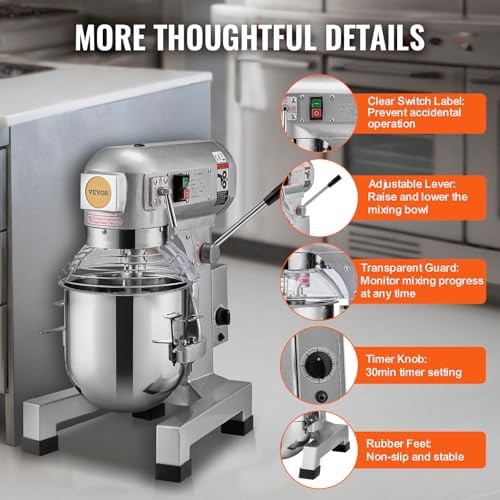 VEVOR Commercial Food Mixer 30Qt, Commercial Mixer with 3 Adjustable Speeds, 1100W Dough Mixer,Commercial Stand Mixer with Stainless Steel Bowl - Image 6