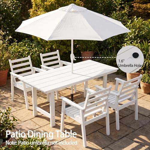 7-Piece Outdoor Dining Set, All-Weather HDPE Patio Furniture, 66.5" Slatted Table with 1.6" Umbrella Hole & 6 Ergonomic Armchairs, Heavy Duty 350lbs Capacity, UV Resistant, White - Image 5