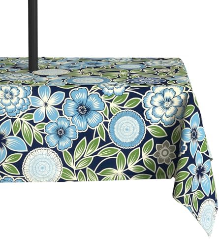 LVTXIII Rectangle Outdoor Tablecloth with Umbrella Hole and Zipper, Water-Repellent 60 x 84 Inch Patio Table Cover for Picnic, Garden, Backyard Dining, Botanical Blues by LVTXIII