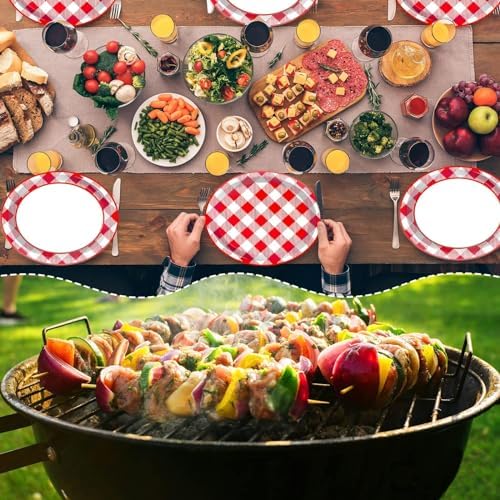 50 PCS Checked Oval Paper Plates Large 11" Disposable Red & White Checkered Platter BBQ Party Decorations Summer Barbecue Supplies Favor for Gathering Picnic Carnival Birthday Party Tableware Set - Image 5