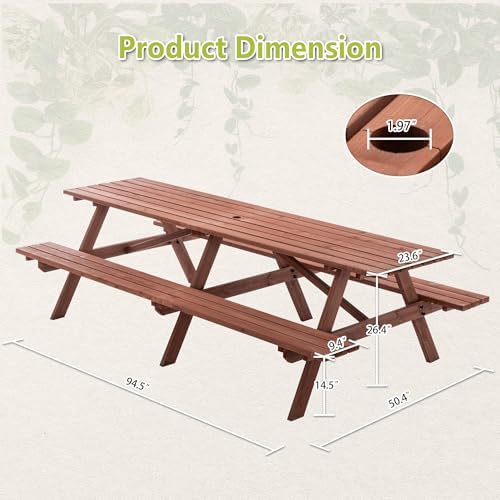 94.5'' Large Outdoor Dining Table, Rectangular Wooden Patio Dining Table & 2 Built-in Bench for 12, 2" Umbrella Hole, Suitable for Backyard Garden Porch, Brown - Image 2