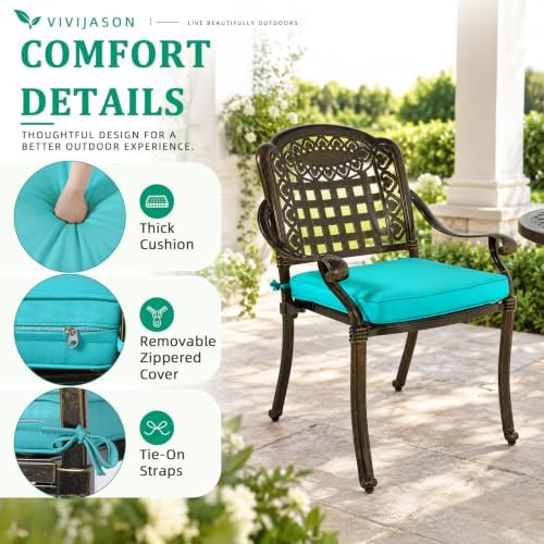 VIVIJASON 5-Piece Patio Furniture Dining Set, All-Weather Cast Aluminum Outdoor Conversation Set, Include 4 Cushioned Chairs and 1 Round Table w/Umbrella Hole for Balcony, Backyard, Ocean Blue Cushion - Image 3
