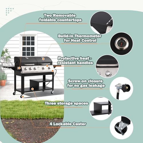 Outdoor Grill Griddle Combo, 54,000 BTU Propane BBQ with 627 SQ.IN. Cooking Area, Porcelain Cast Iron Grates, Foldable Tables, Locking Wheels & Storage Cabinet for Backyard - Image 4