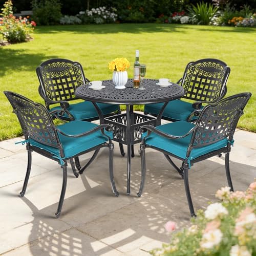 MEETWARM 5 Piece Patio Dining Set, Outdoor All-Weather Cast Aluminum Dining Table Set, Patio Furniture Set for Backyard, Include 4 Chairs with Cushions and a 35.4" Round Table, Ocean Blue by MEETWARM