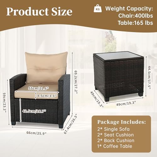 3 PCS Patio Wicker Conversation Set Sofa Table Set Beige Cushion - Image 4