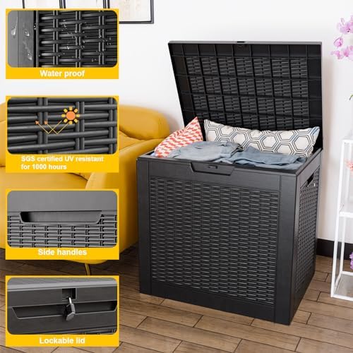 ROJIK 30Gallon Outdoor Storage Box - Waterproof Patio Furniture Deck Box, Garden Tools, Cushions, Pool Accessories Storage Bench with Lockable Lid and Side Handles (Black Rattan, 30 Gal) - Image 3