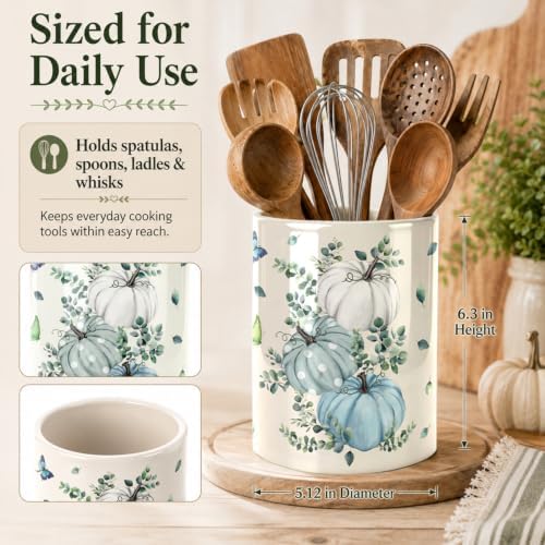 Fall Blue Kitchen Utensil Holder, Pumpkin Large Ceramic Utensil Holder For Kitchen Organizer, Autumn Farm 6.3'' Cooking Utensil Crocks Rustic Decor Utensil Storage Cup for Countertop - Image 5