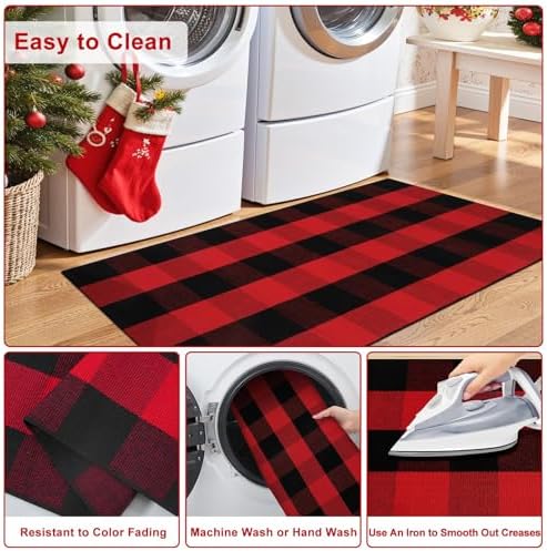 OJIA Christmas Front Door Mat 24"x51" Red Plaid Welcome Mat Front Porch Rug - Image 5